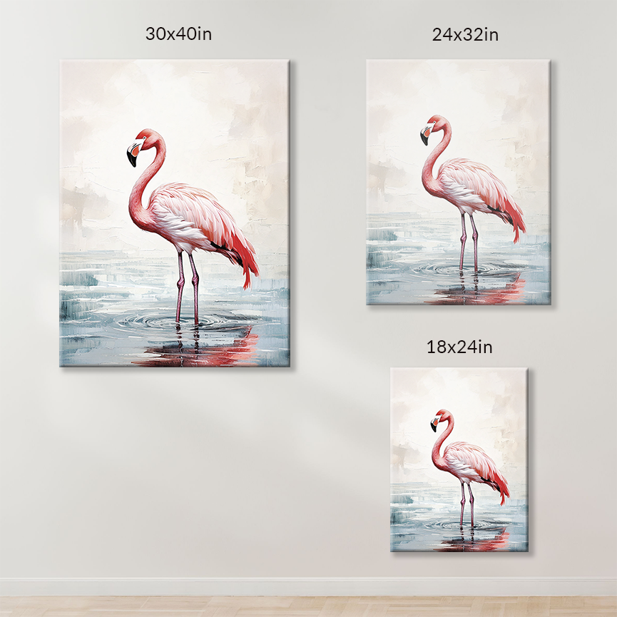 FLAMINGO WADING, pink flamingo art, is available in these sizes: 18-inch x 24-inch, 24 in x 32 in, 30 in x 40 in
