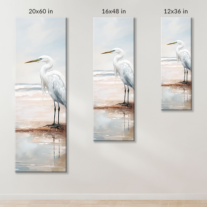 COASTAL HERON, heron wall art, is available in these sizes: 12-inch x 36-inch, 16 in x 48 in, 20 in x 60 in
