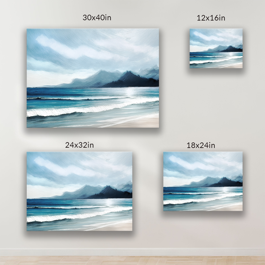 BLUE MOUNTAINS, seascape wall art, is available in these sizes: 18-in x 24-in, 24 in x 32 in, 30 in x 40 in.
