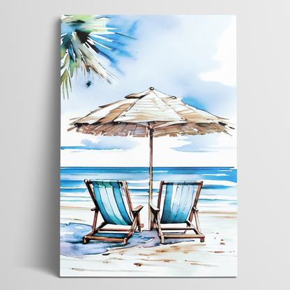 Awe-inspiring beach canvas art ESCAPE. The beach wall art large shows A beach watercolor with two beach chairs under an umbrella.