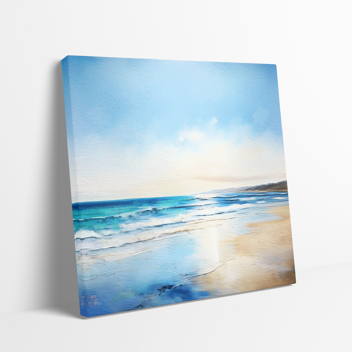 fabulous beach canvas wall art SALTY BREEZE. The coastal art work shows a shoreline scene in blues and tans.