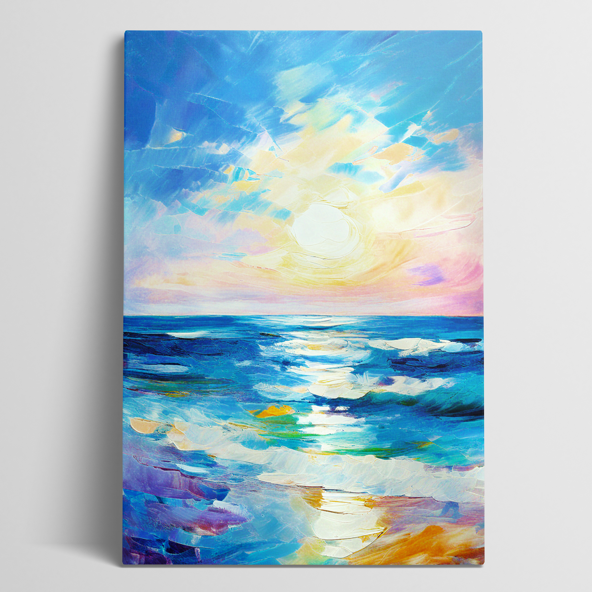 Awe-inspiring beach wall art REWARD. The beachside canvas shows an abstract sunrise over the shoreline.