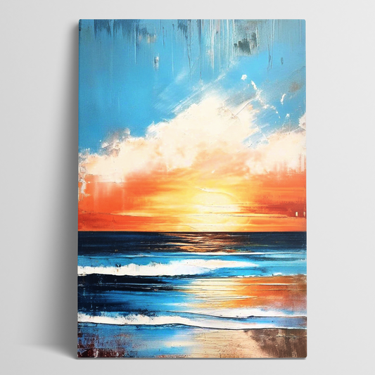 Awe-inspiring beachside art REFRESH. The coastal canvas shows an abstract sunrise in bold colors.