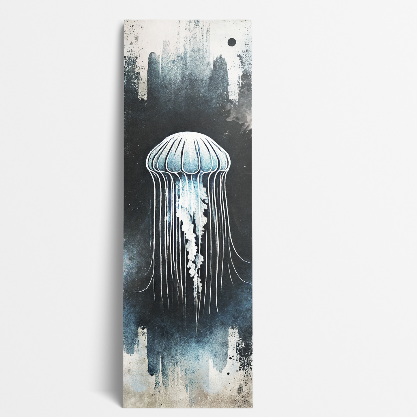 minimalist beach wall art on canvas MOONLIT JELLY. The ocean painting canvas shows a detailed white jellyfish on a navy blue background.