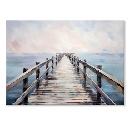 ocean canvas painting PEACEFUL WALK. The wooden pier artwork shows a pier extending over the ocean expanse.
