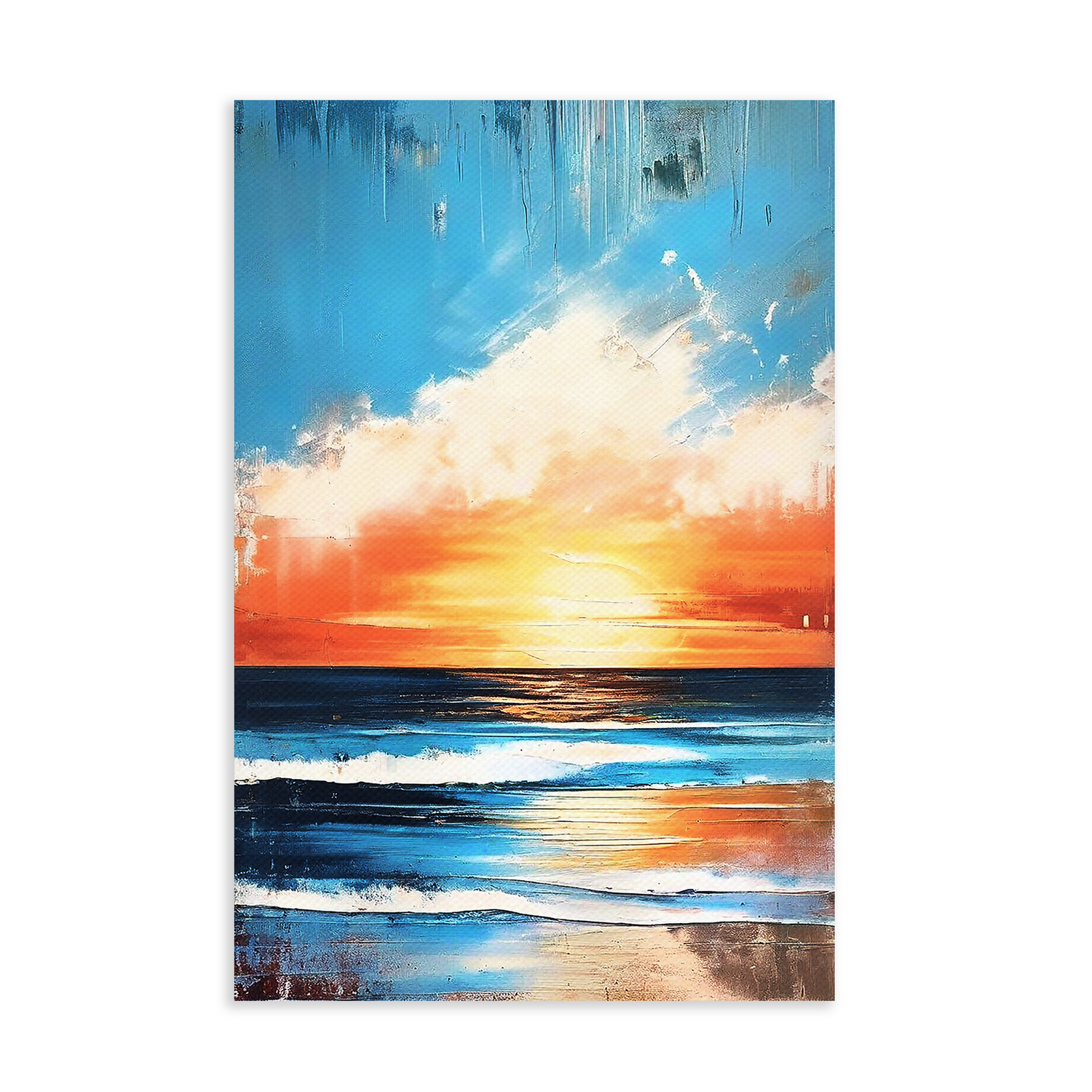 Shows the awe-inspiring modern coastal art REFRESH on a white background. This abstract coastal art composition shows an abstract sunrise in bold colors. The composition depicts the surf rolling in.