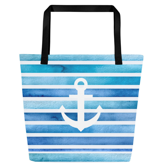 Tote bag with blue stripes and a white anchor on a white background