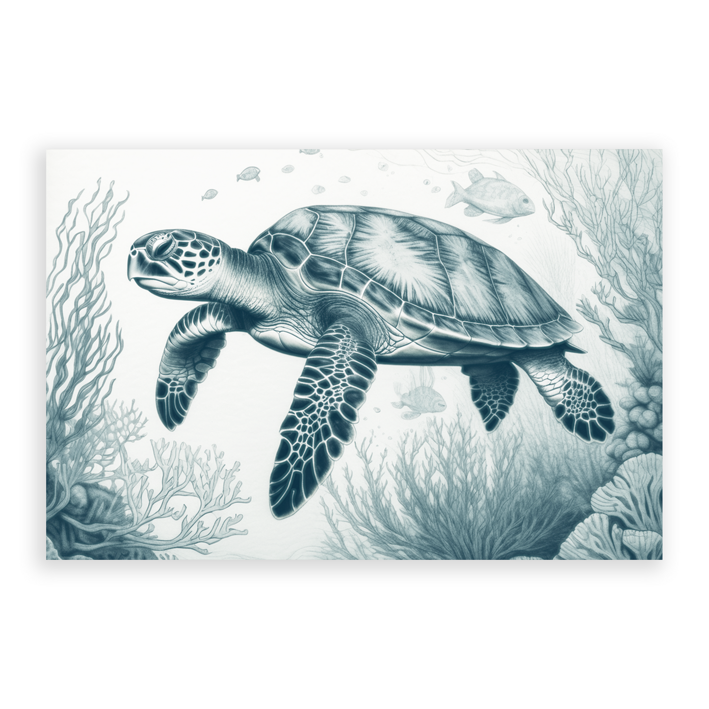 Awe-inspirIng sea turtle wall art OCEAN WANDERER. The sea animals wall art shows a sea turtle swimming.
