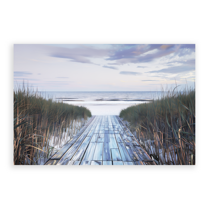 Awe-inspiring autumn beach wall art BOARDWALK TO SHORE. The fall print shows a boardwalk through seagrasses to the beach.