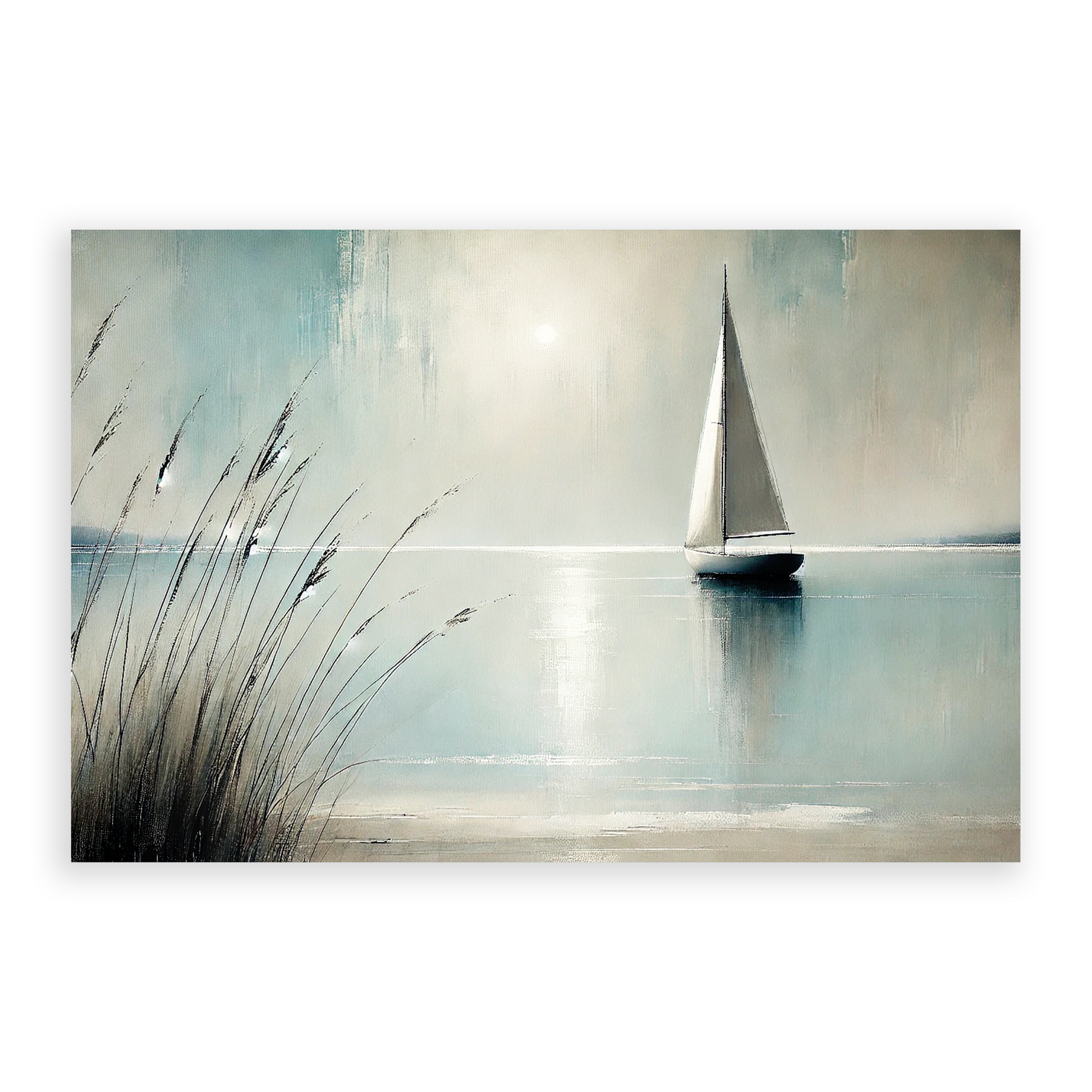 Awe-inspiring autumn ocean print GENTLE WATERS. The autumn sea art shows a sailboat on a calm sea, under a soft misty sky.
