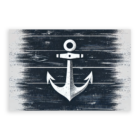 Awe-inspiring anchor art HARBOR HOLD. The nautical print shows a ship's anchor on a navy blue distressed background.