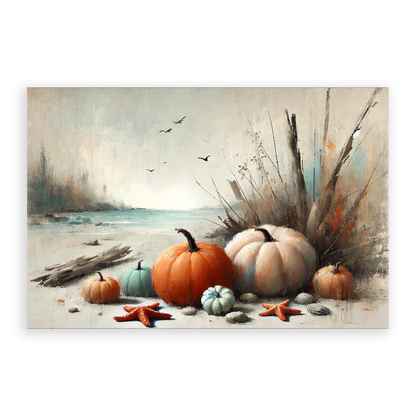 Awe-inspiring coastal fall print BEACHSIDE HARVEST. The fall shoreline art shows pumpkins and sea stars on the coast in cozy fall colors.