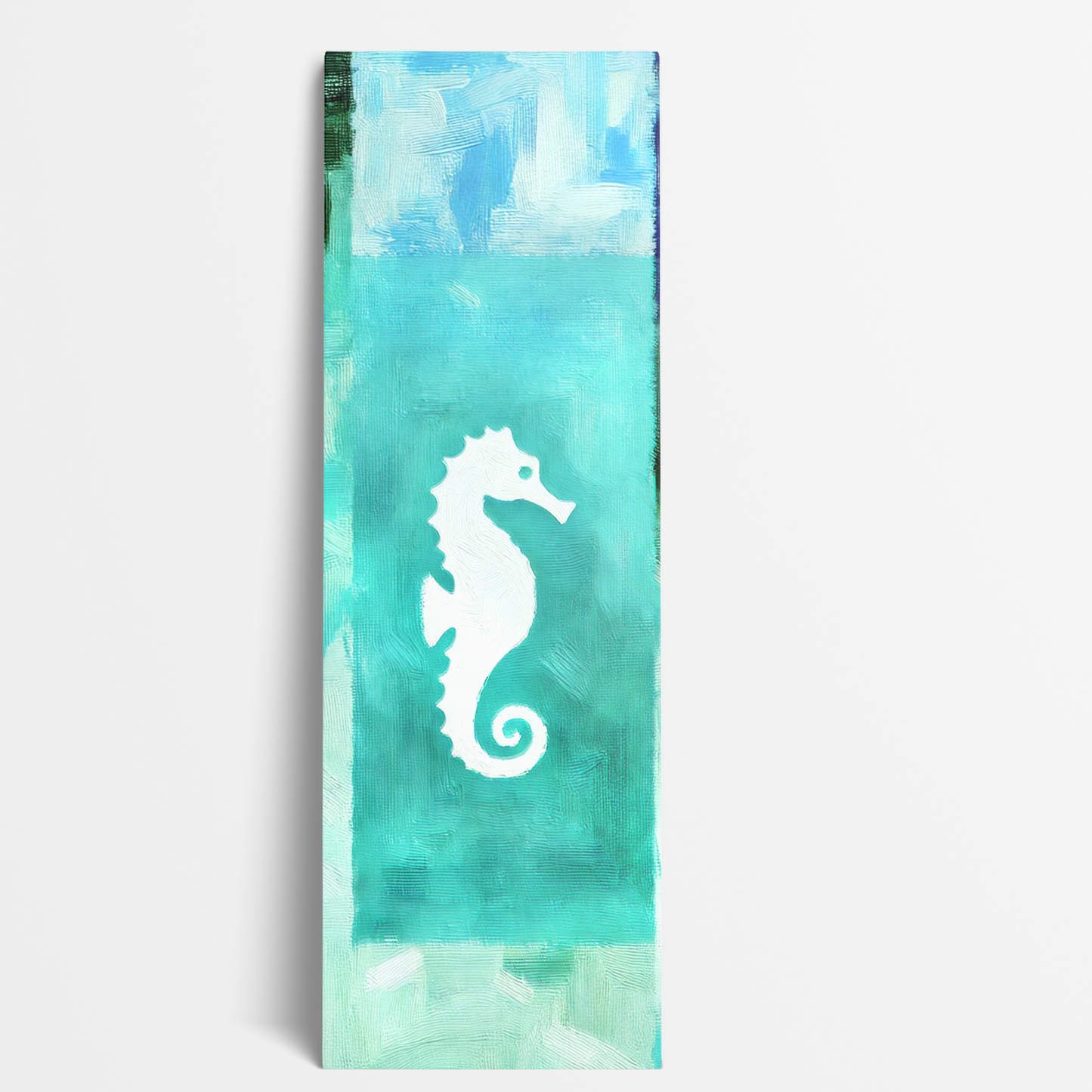 colorful seahorse wall art TURQUOISE SEAHORSE. The beach art decor shows a white seahorse on a teal turquoise abstract background.