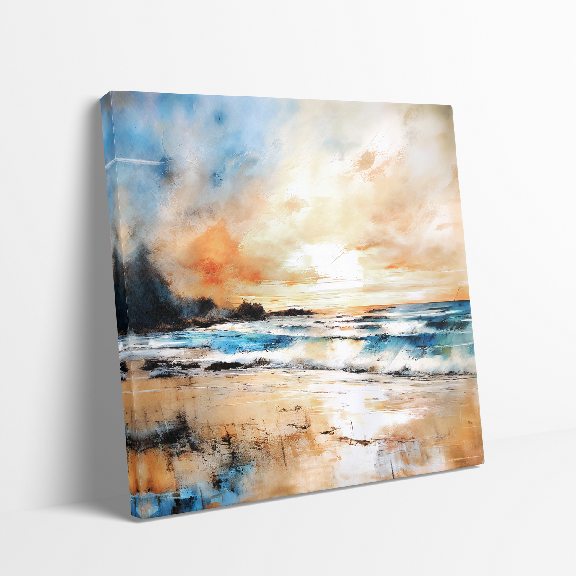 fabulous beach art canvas print BUBBLY SHORES. The ocean art shows an abstract interpretation of waves rolling in to the shore.