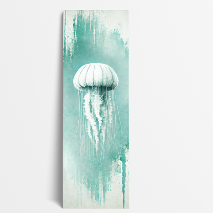 minimalist beach art canvas JELLYFISH GLOW. The ocean art canvas shows a delicate jellyfish on turquoise background.