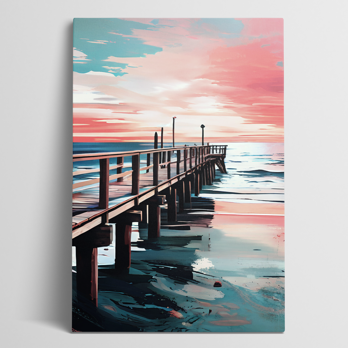 Fabulous coastal canvas art DISTANCE. The beachside art shows A wooden pier extending into the sea.