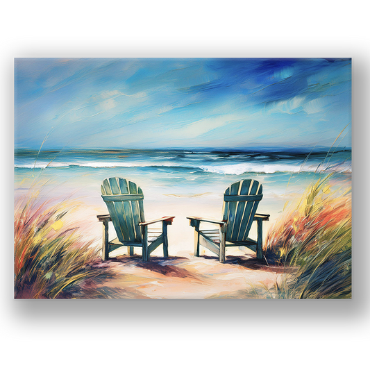 beach wall art canvas NO WORRIES. The beach wall art shows two chairs sitting on the beach facing the water.
