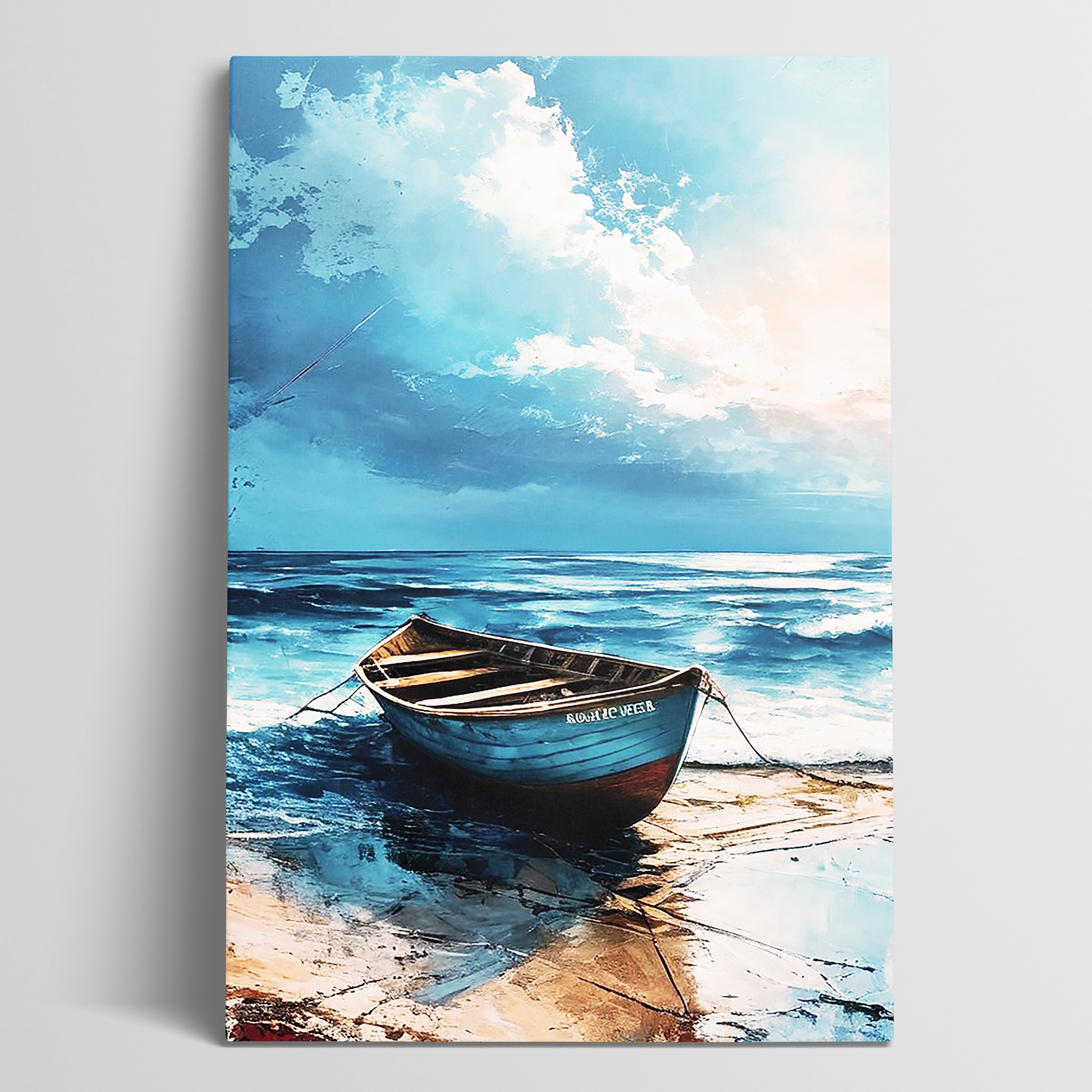 Awe-inspiring coastal wall art TIDE. The coastal wall art shows a wooden boat ashore on the beach.