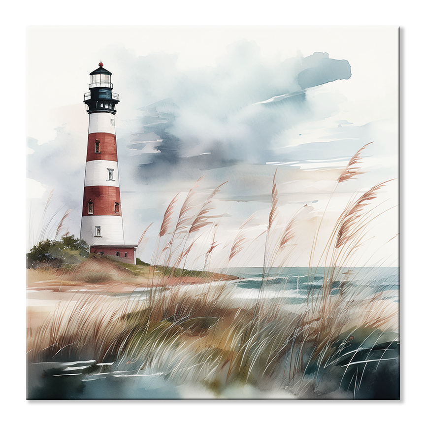 lighthouse wall art STRIPED BEACON. The lighthouse art shows a coastal lighthouse standing tall against a moody sky, framed by windswept sea grasses.
