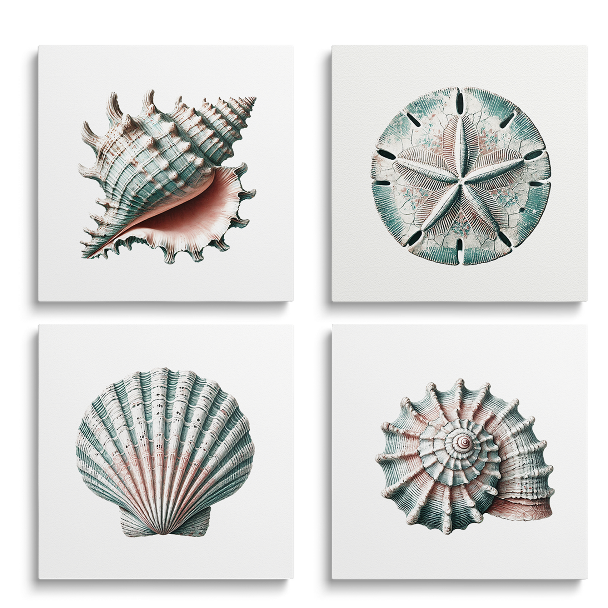 fabulous art bundle Sea Shells Set. The 4 panel art set shows a sand dollar, a whelk shell, a clam shell, and a conch shell.