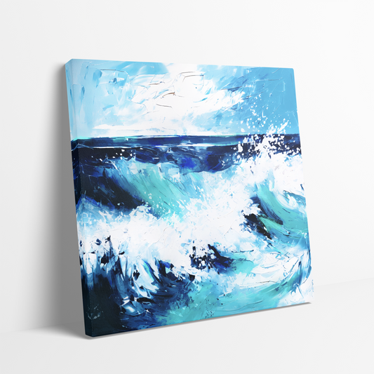 fabulous unique coastal wall art SPLASH. The beachside canvas art shows splashing ocean waves in the blues of the sea.