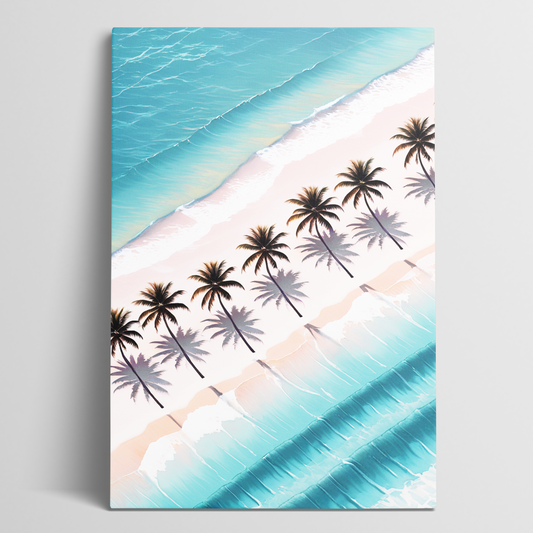 fabulous coconut palm wall art PALM SHORES. The beach wall art shows coconut palms in a diagonal line on the beach.