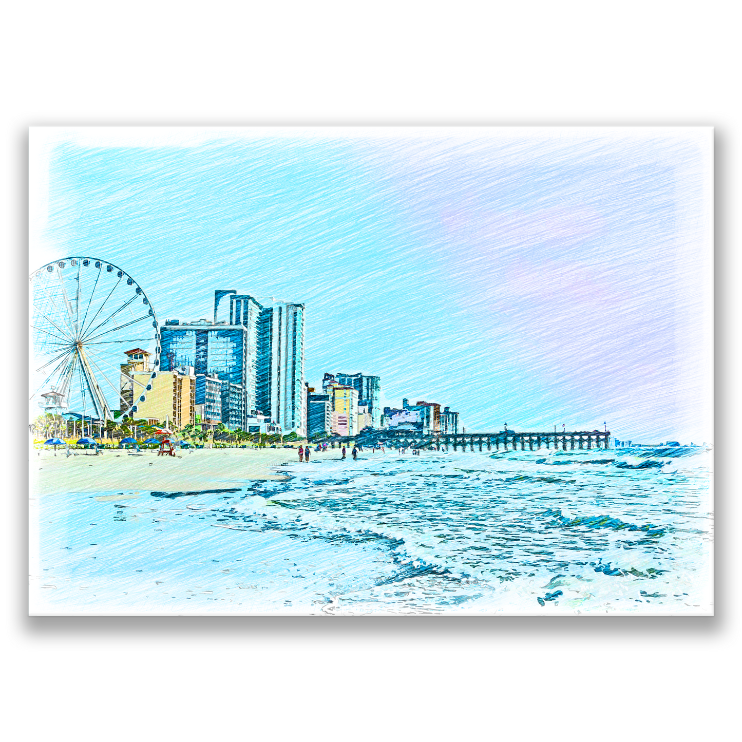 coastal inspired Myrtle Beach wall art print Myrtle Beach Grand Strand. The Myrtle Beach Art Prints shows color pencil stylized drawing of the Grand Strand in Myrtle Beach.
