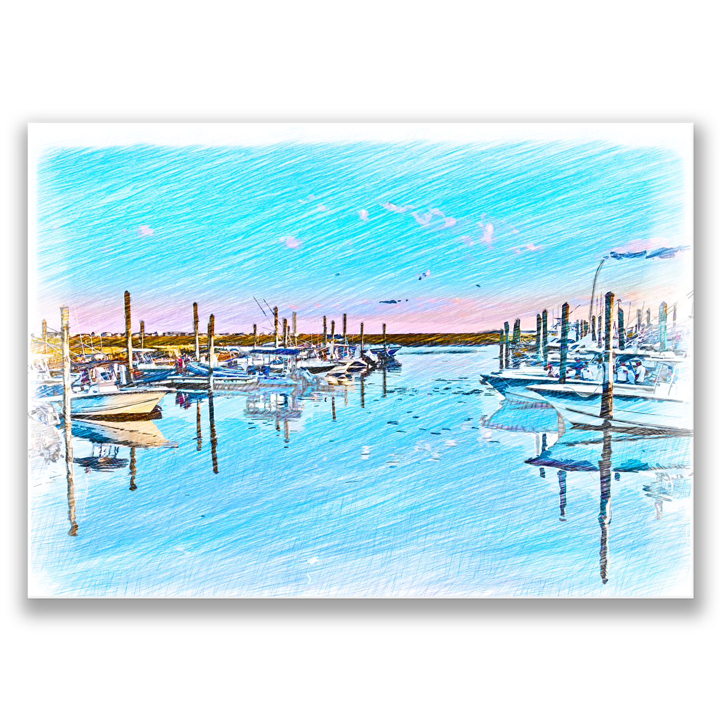 coastal inspired beach decor wall art Murrells Inlet Marina Sketch. The Myrtle Beach print shows a color pencil drawing of Murrells Inlet marina with anchored boats.
