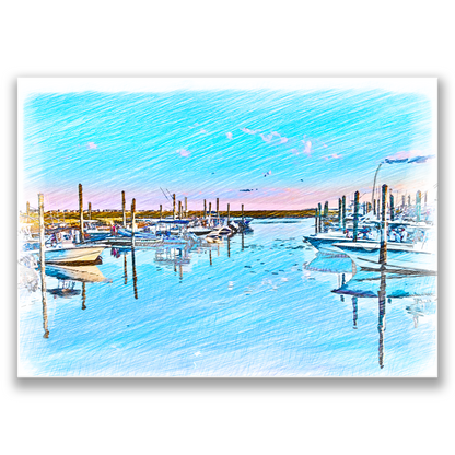 coastal inspired beach decor wall art Murrells Inlet Marina Sketch. The Myrtle Beach print shows a color pencil drawing of Murrells Inlet marina with anchored boats.
