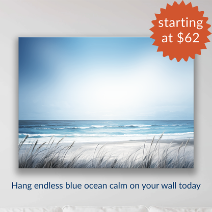 Saltwater surf canvs art, Beach scene with ocean and sky, framed artwork on a wall with text: hang endless blue ocean calm on your wall today, starting at $62.
