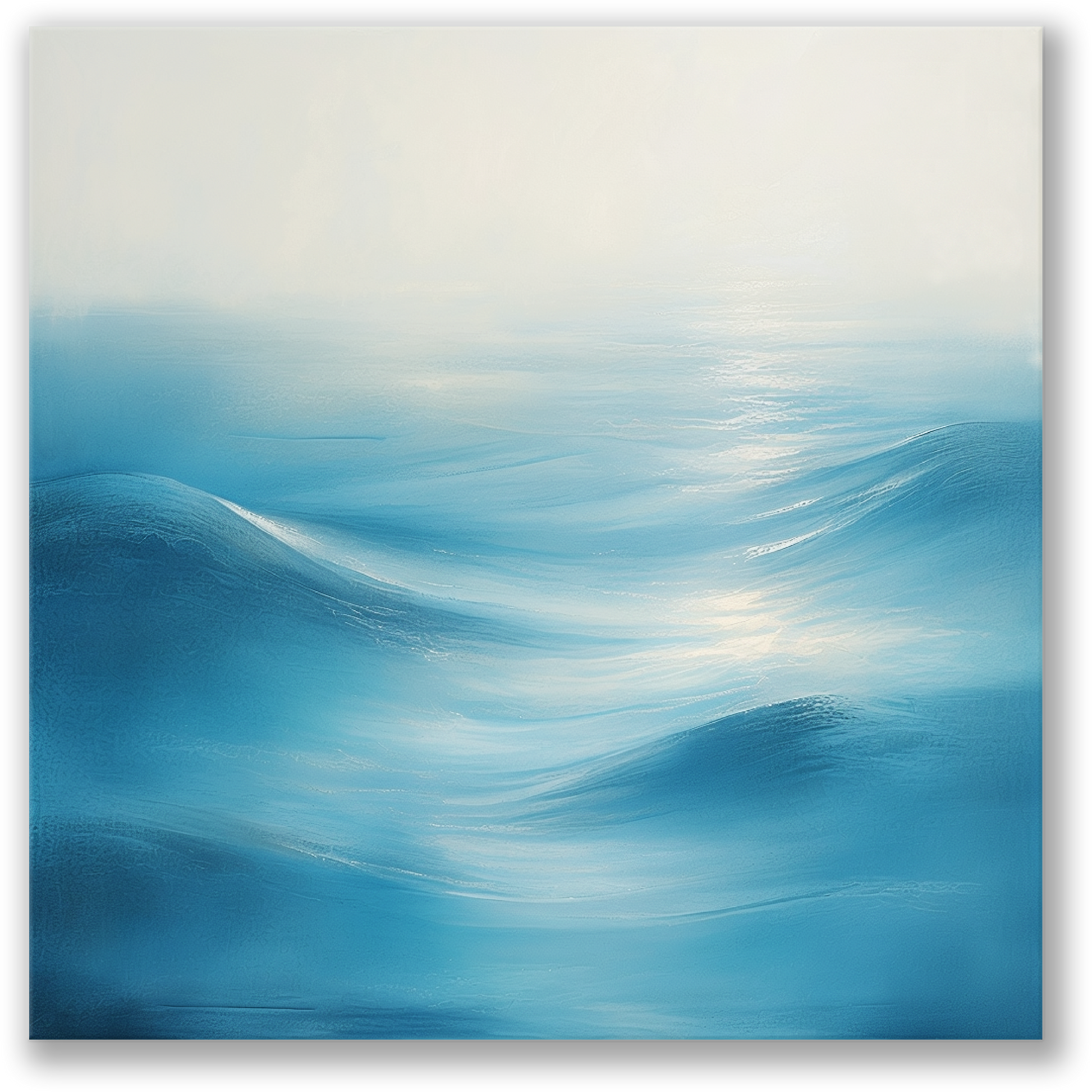 unique coastal wall art DISTANT WAVES. The blue coastal wall decor shows a blue and white design showing waves.
