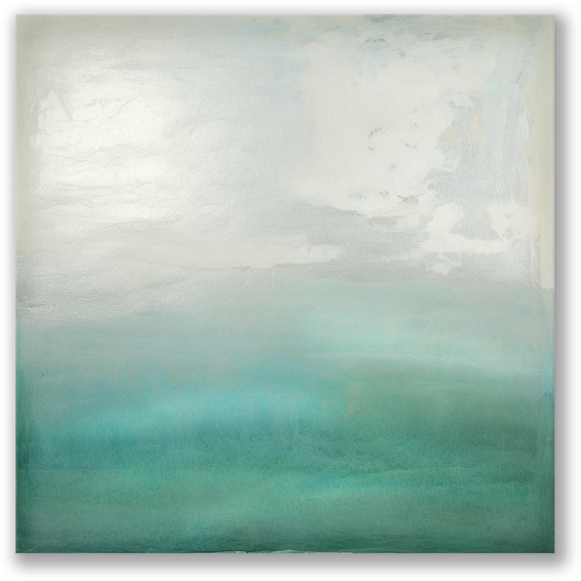 green coastal art QUIET TIDE. The calming art work shows a green, gray and white abstract design.
