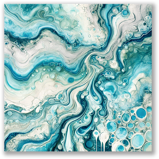 beautiful canvas art SEA HUES. The modern coastal canvas shows an abstract design in blue, white, and tan.
