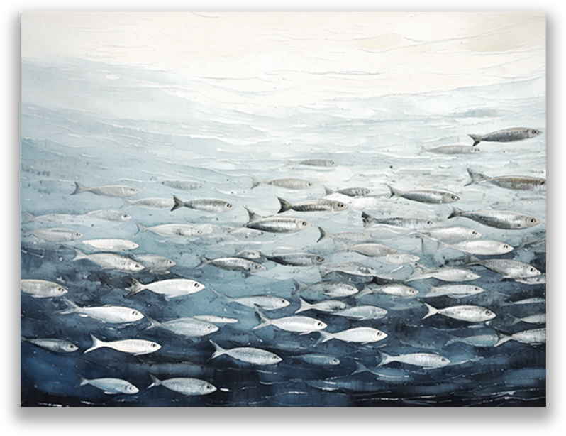 SILVER SCHOOL - fish wall art decor | canvas wall art, fade-resistant, ready to hang, 100% original artwork.