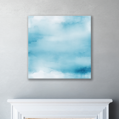 The abstract blue beach wall art WINDWARD. The piece hangs on a wall.
