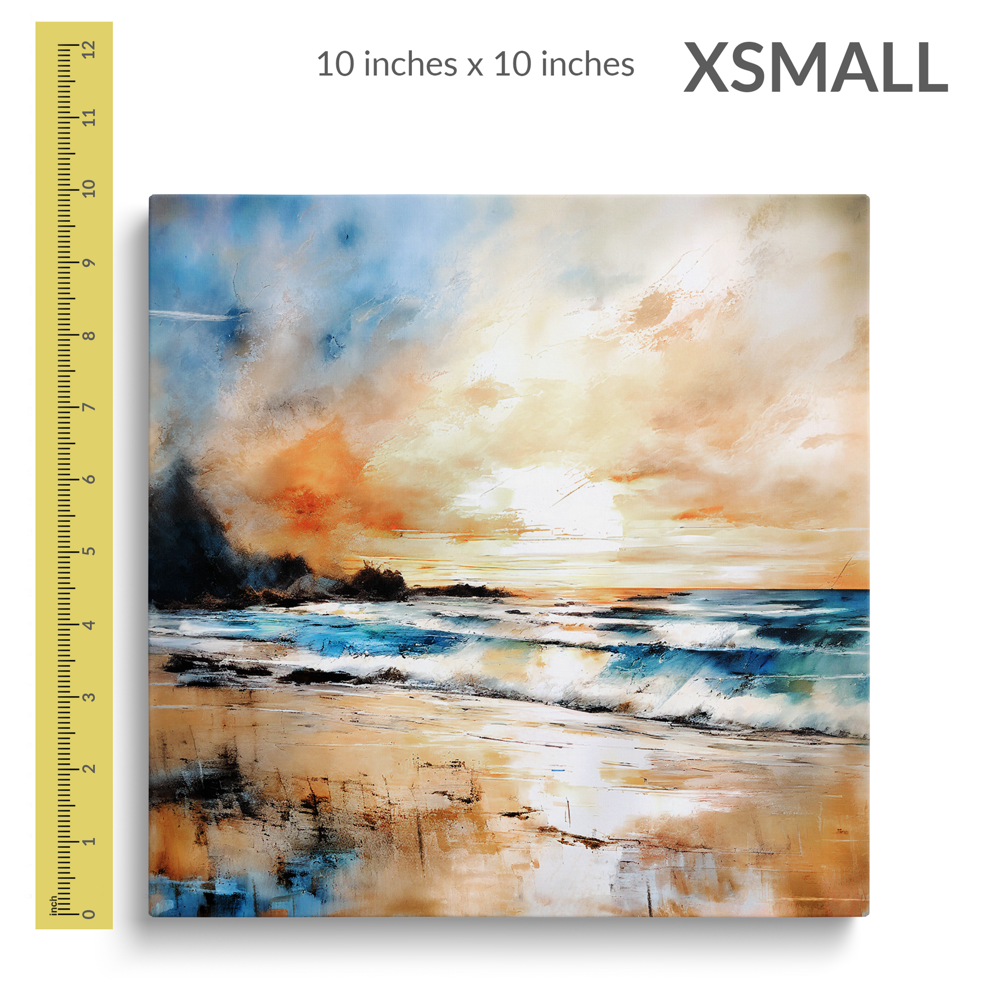 A 12 inch ruler is next to the extra small size of beach art canvas print BUBBLY SHORES. Gallery wrap canvas is square. Text reads: “X-SMALL 10 inches x 10 inches”