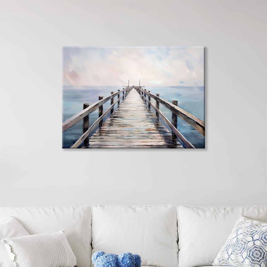 ocean canvas painting PEACEFUL WALK. The piece hangs on a wall.
