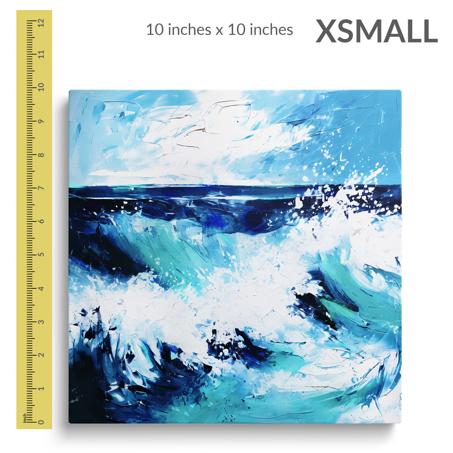 A 12 inch ruler is next to the extra small size of unique coastal wall art SPLASH. Gallery wrap canvas is square. Text reads: “X-SMALL 10 inches x 10 inches”