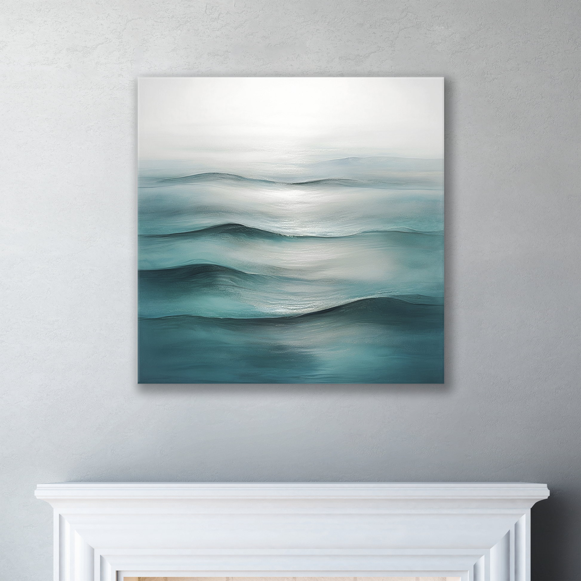 The coastal art work DEEP WATERS. The piece hangs on a wall.
