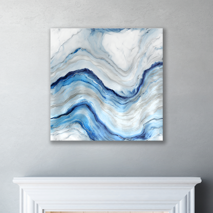 The blue coastal wall art BLUE WAVES. The piece hangs on a wall.
