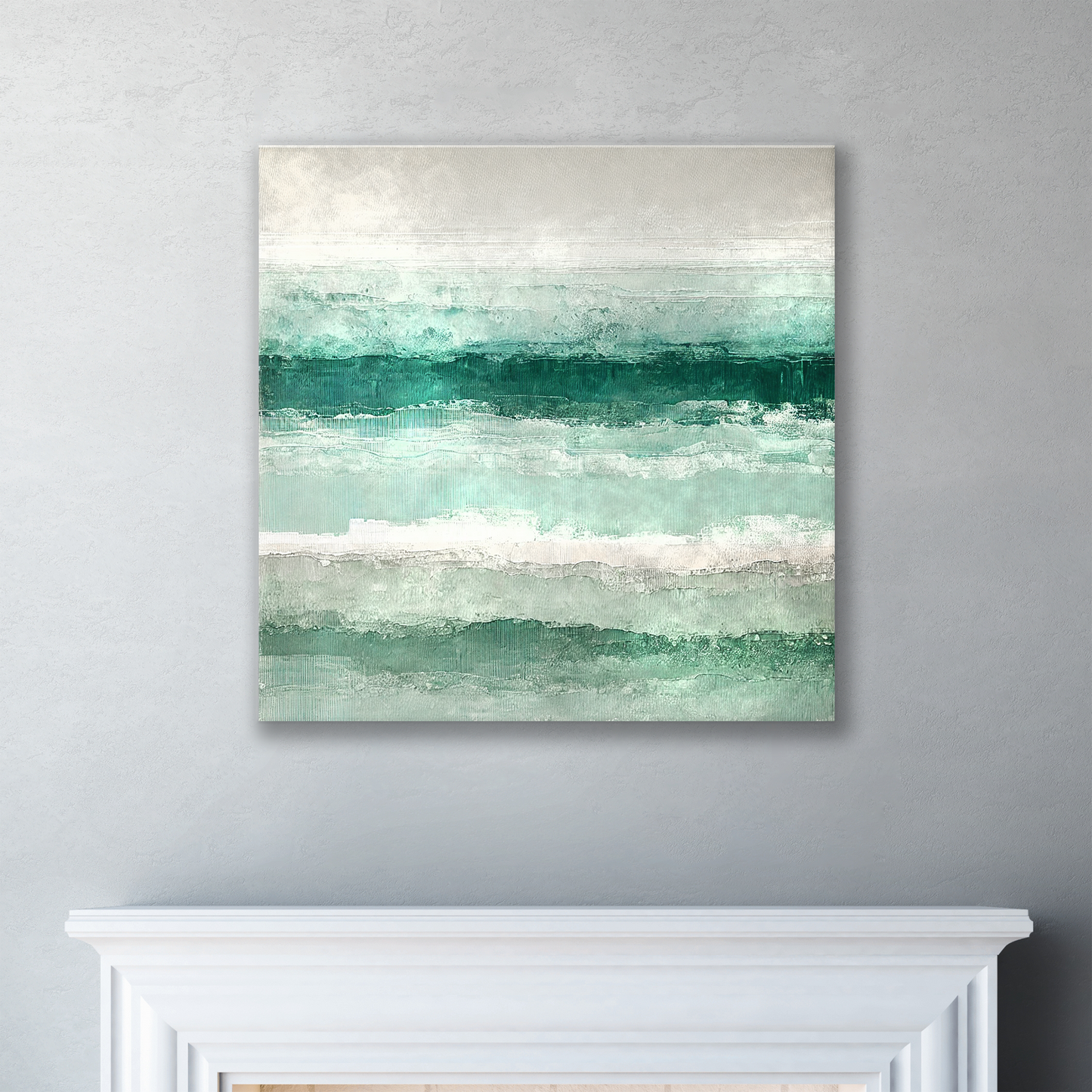 The ocean wall art decor QUIET CURRENT. The piece hangs on a wall.
