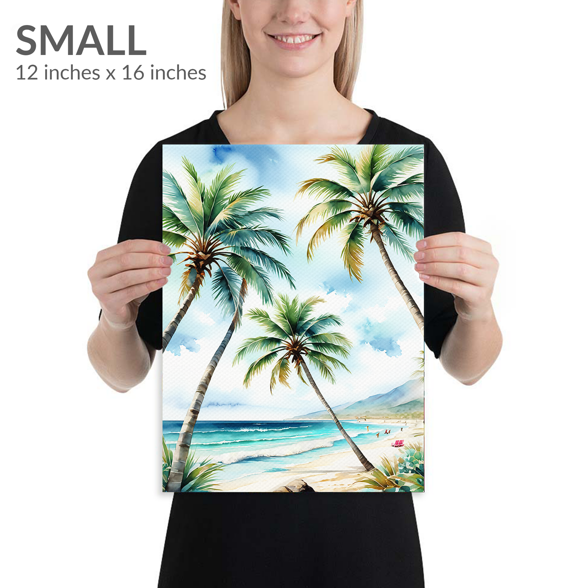 A woman holds the small size of palm tree art PARADISE PALMS. Gallery wrap canvas in portrait orientation. Text reads: “SMALL 12 inches x 16 inches”