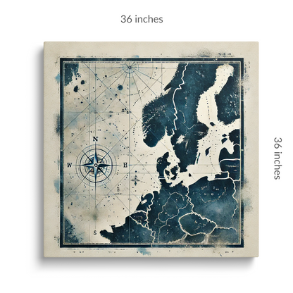 nautical chart art NAUTICAL DEPTHS. Gallery wrap canvas is square. Across the top of the canvas Text reads: “36 inches. Across the side of the canvas text reads 36 inches”