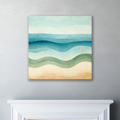 The contemporary ocean art CALM WAVES. The piece hangs on a wall.
