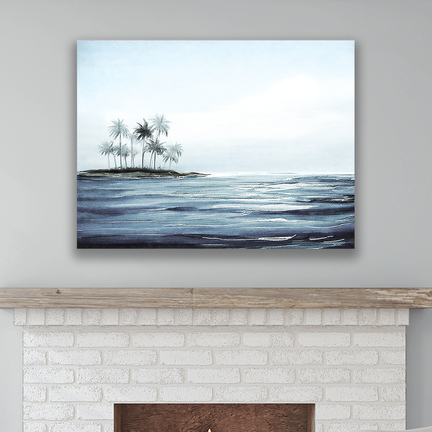 This seascape art hanging on a wall – premium thick coastal canvas.
