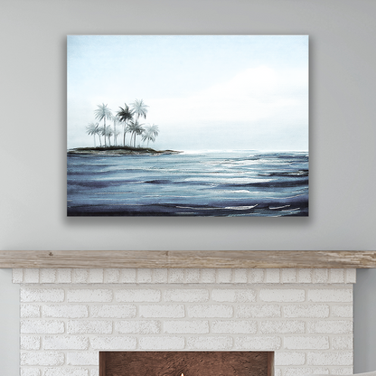 This seascape art hanging on a wall – premium thick coastal canvas.
