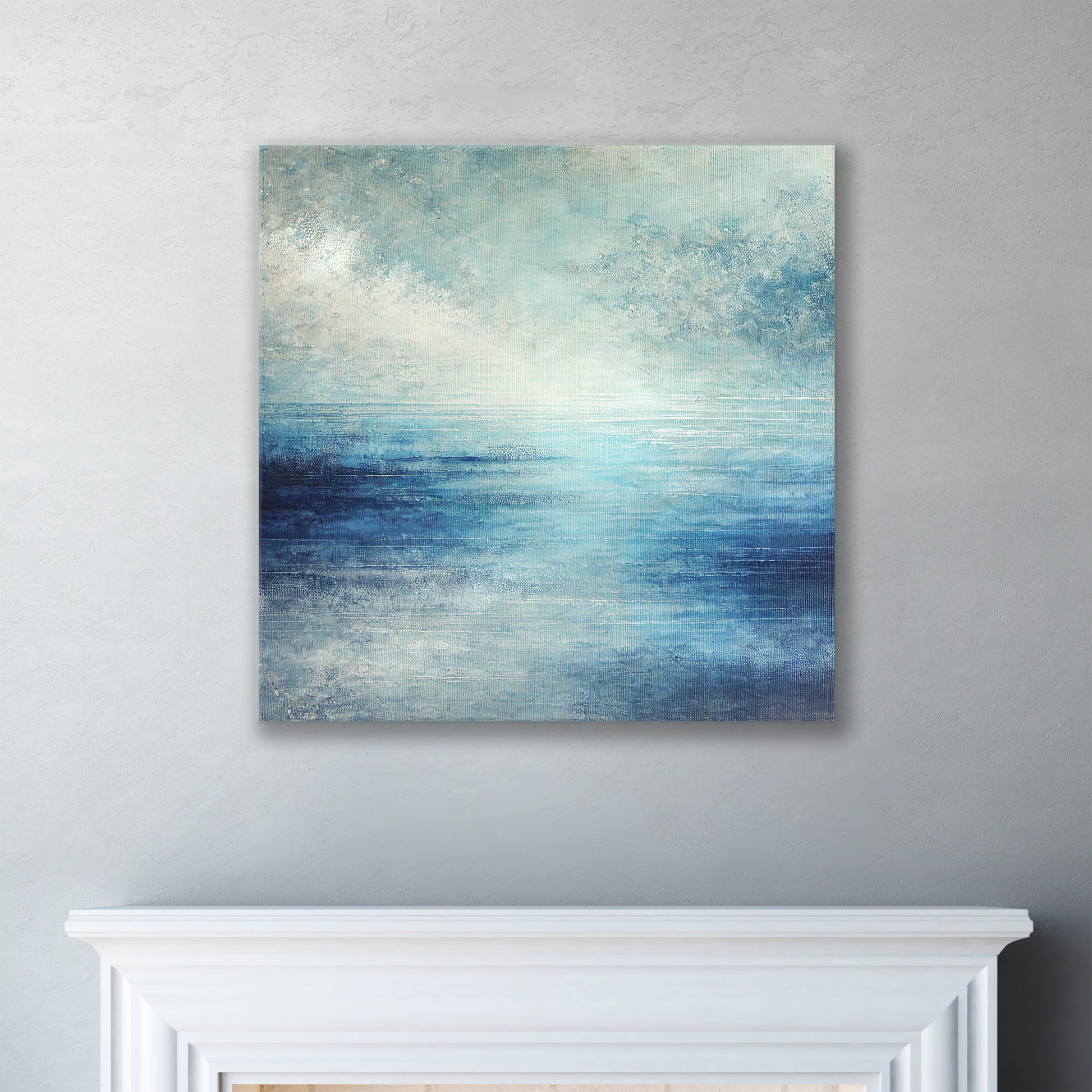 The ocean artwork BLUE HAZE. The piece hangs on a wall.
