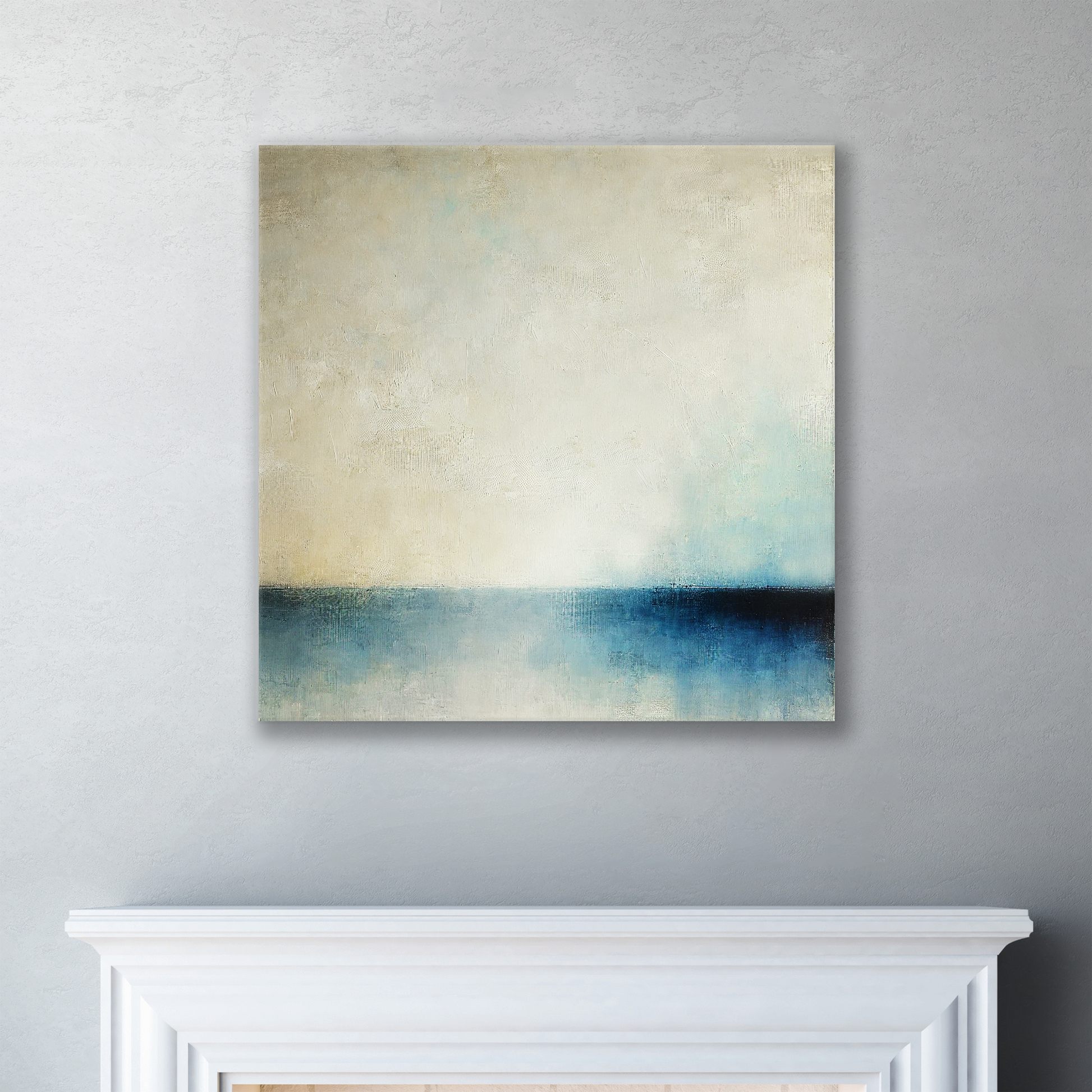 The modern coastal wall art SEABOUND. The piece hangs on a wall.
