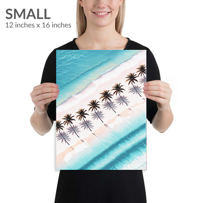 A woman holds the small size of coconut palm wall art PALM SHORES. Gallery wrap canvas in portrait orientation. Text reads: “SMALL 12 inches x 16 inches”