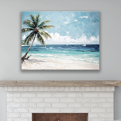 This Caribbean artwork hanging on a wall – premium thick coastal canvas.
